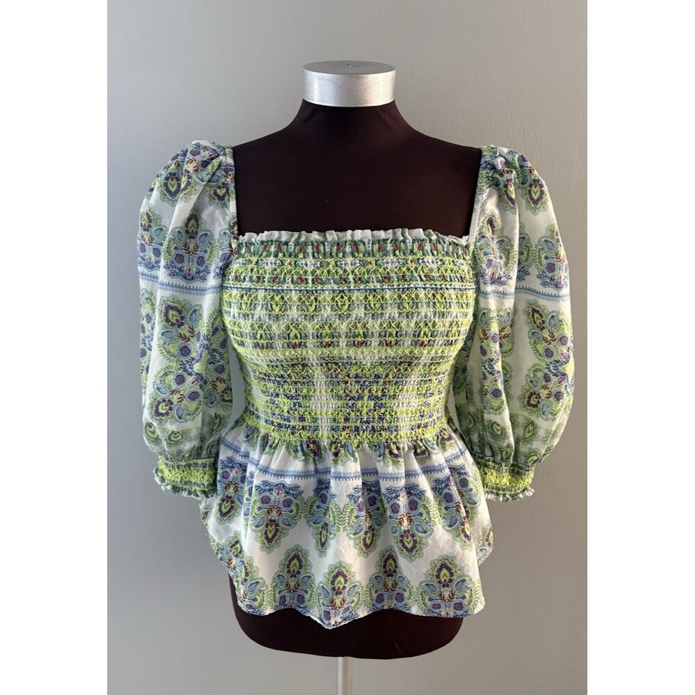 HALE BOB Smocked Top Size S Ottie Voile White Print Milkmaid Peasant Renfair